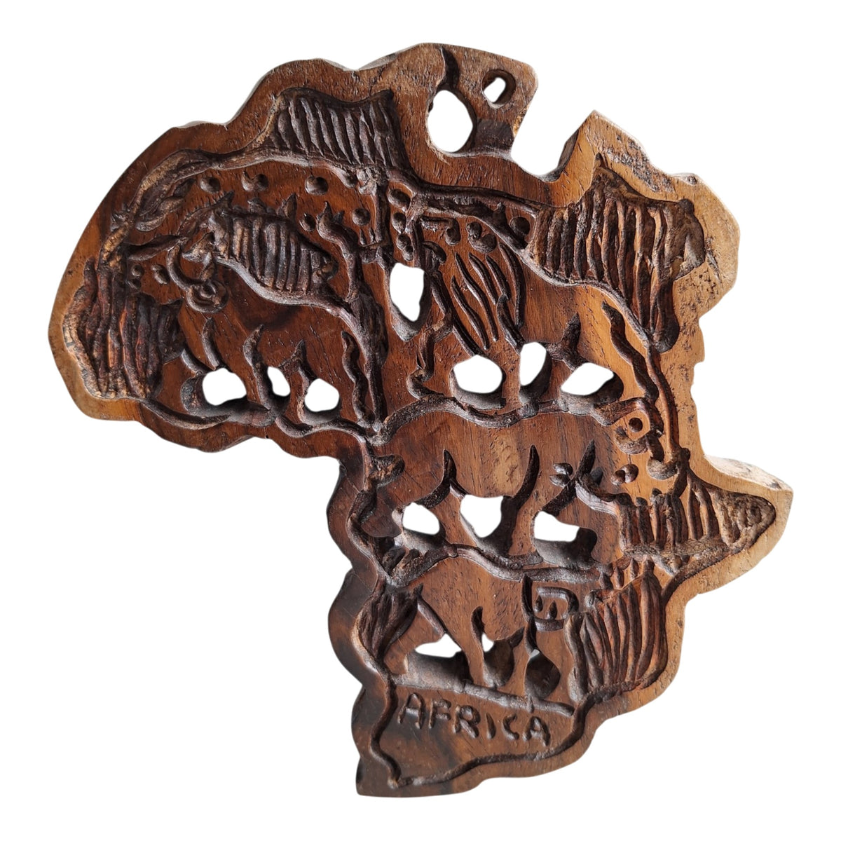 Houten kaart van Afrika - safaridieren en Africa-gravure