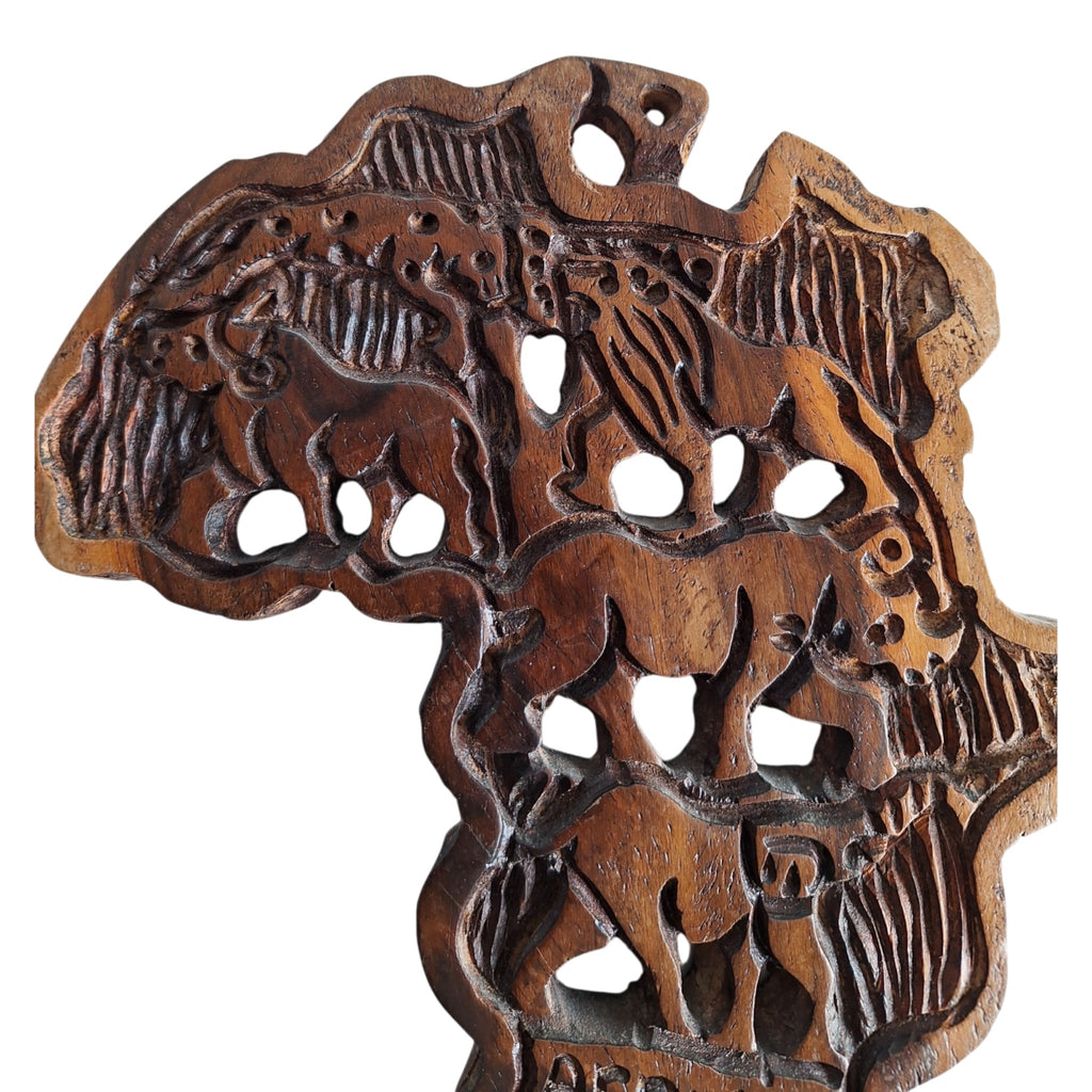 Houten kaart van Afrika - safaridieren en Africa-gravure