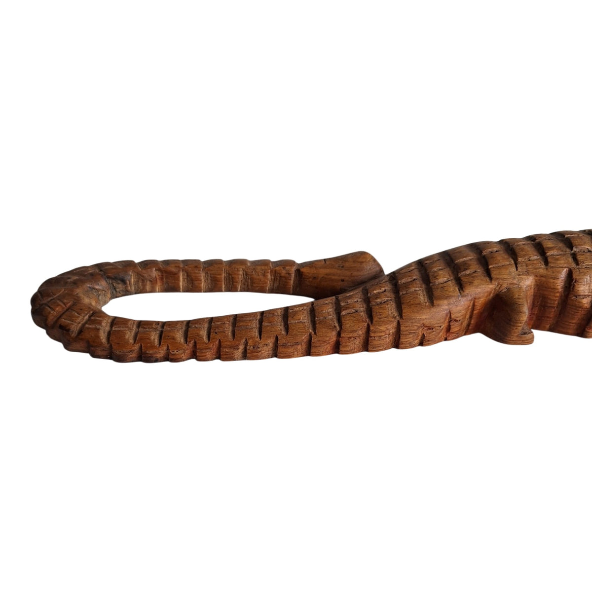 Handgesneden houten krokodil - gekrulde staart en schubben