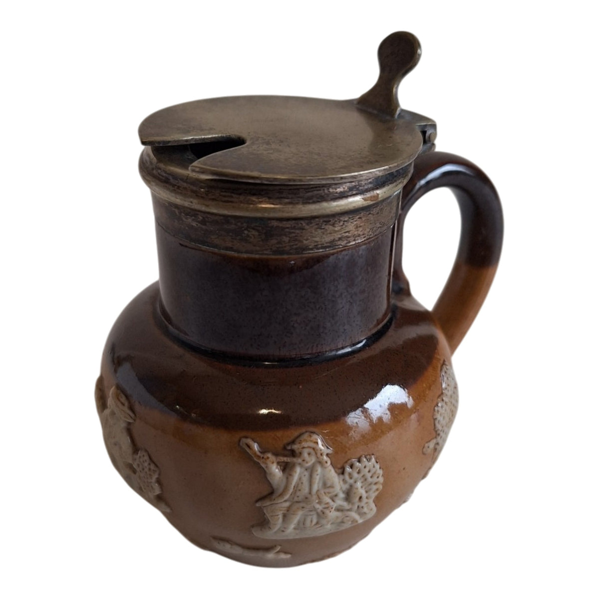 Doulton Lambeth mosterdpot - Steengoed met EPNS-deksel, ca. 1891-1910