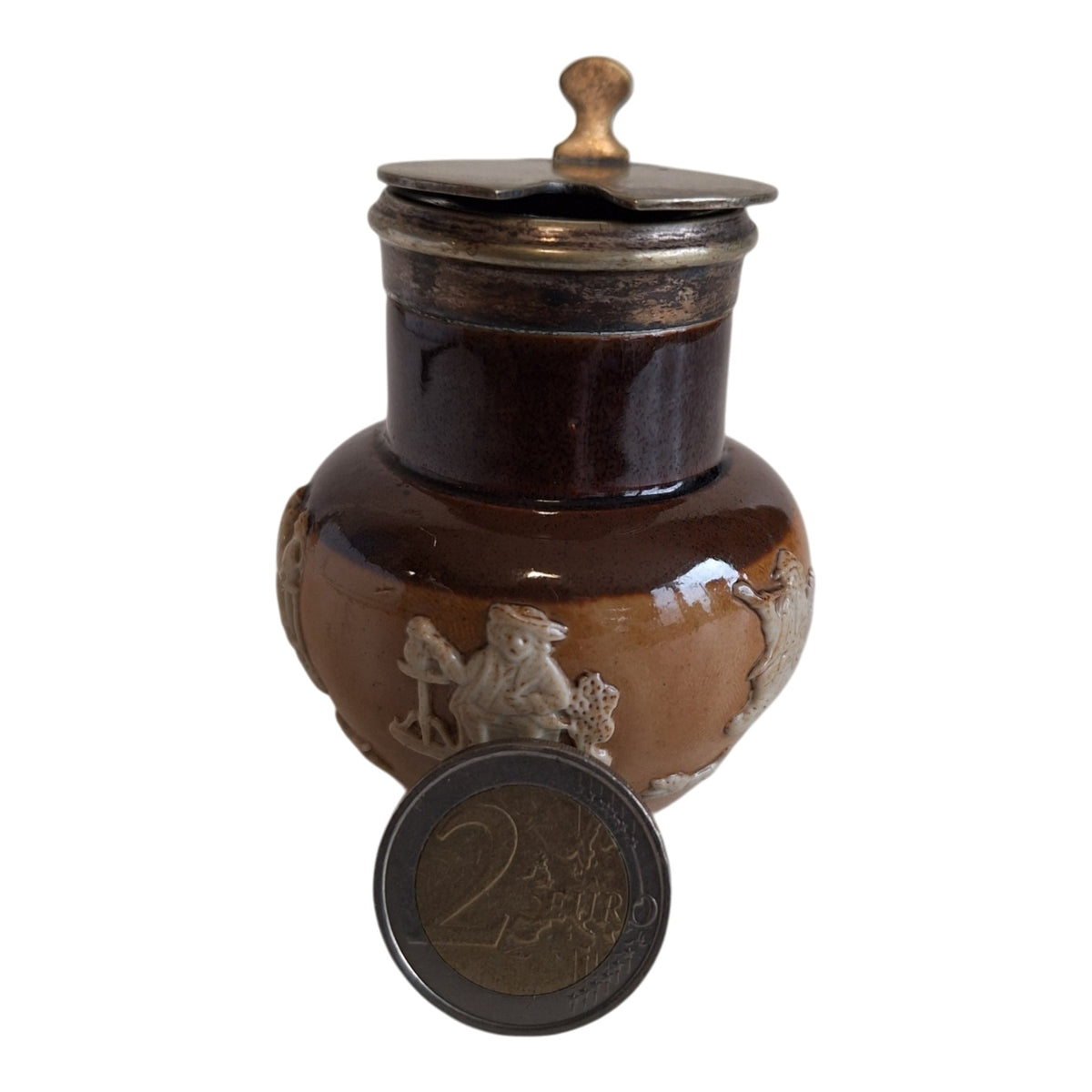 Doulton Lambeth mosterdpot - Steengoed met EPNS-deksel, ca. 1891-1910