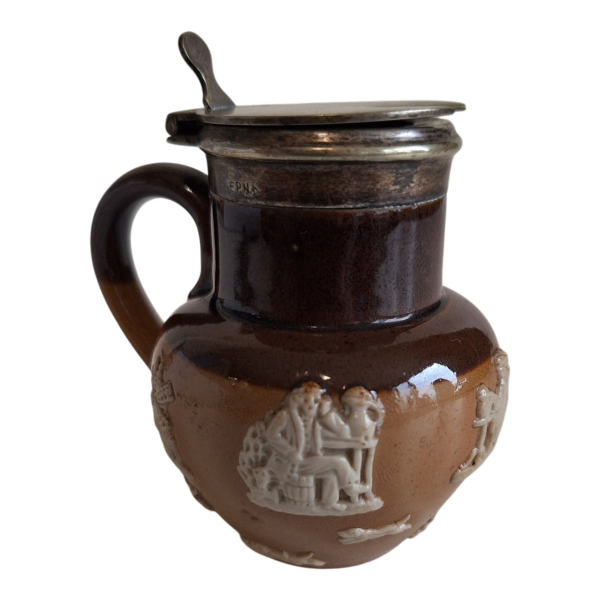 Doulton Lambeth mosterdpot - Steengoed met EPNS-deksel, ca. 1891-1910