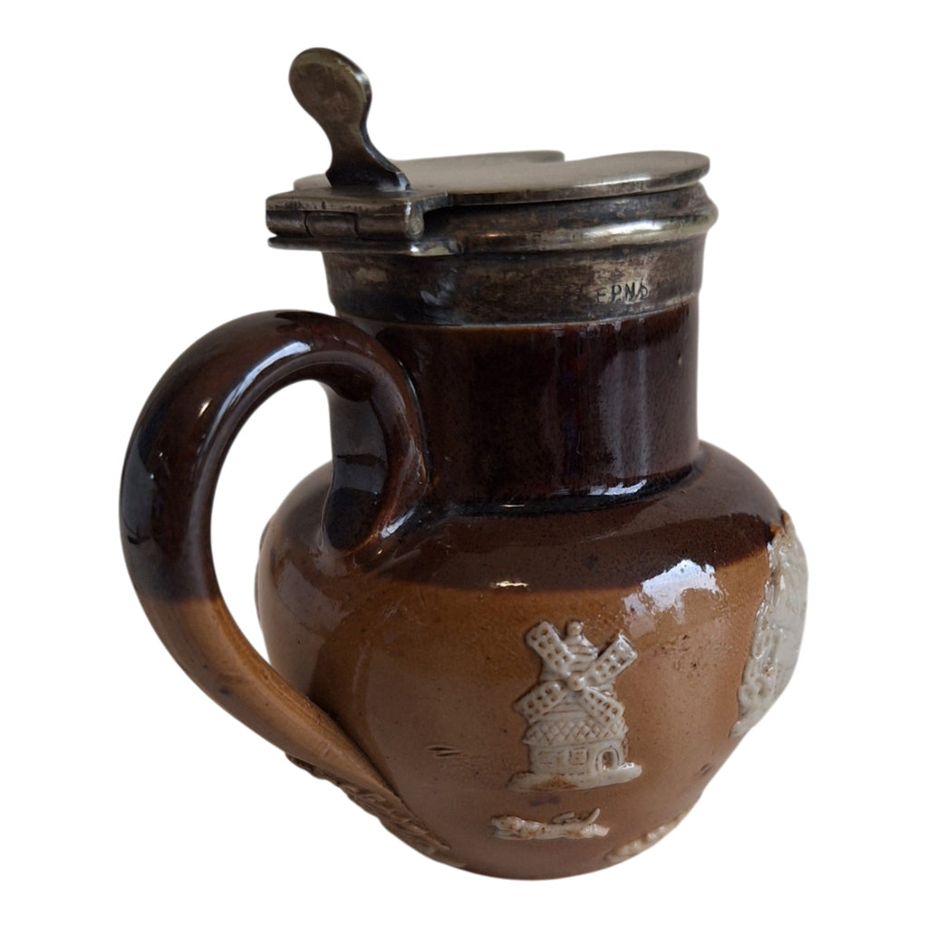 Doulton Lambeth mosterdpot - Steengoed met EPNS-deksel, ca. 1891-1910