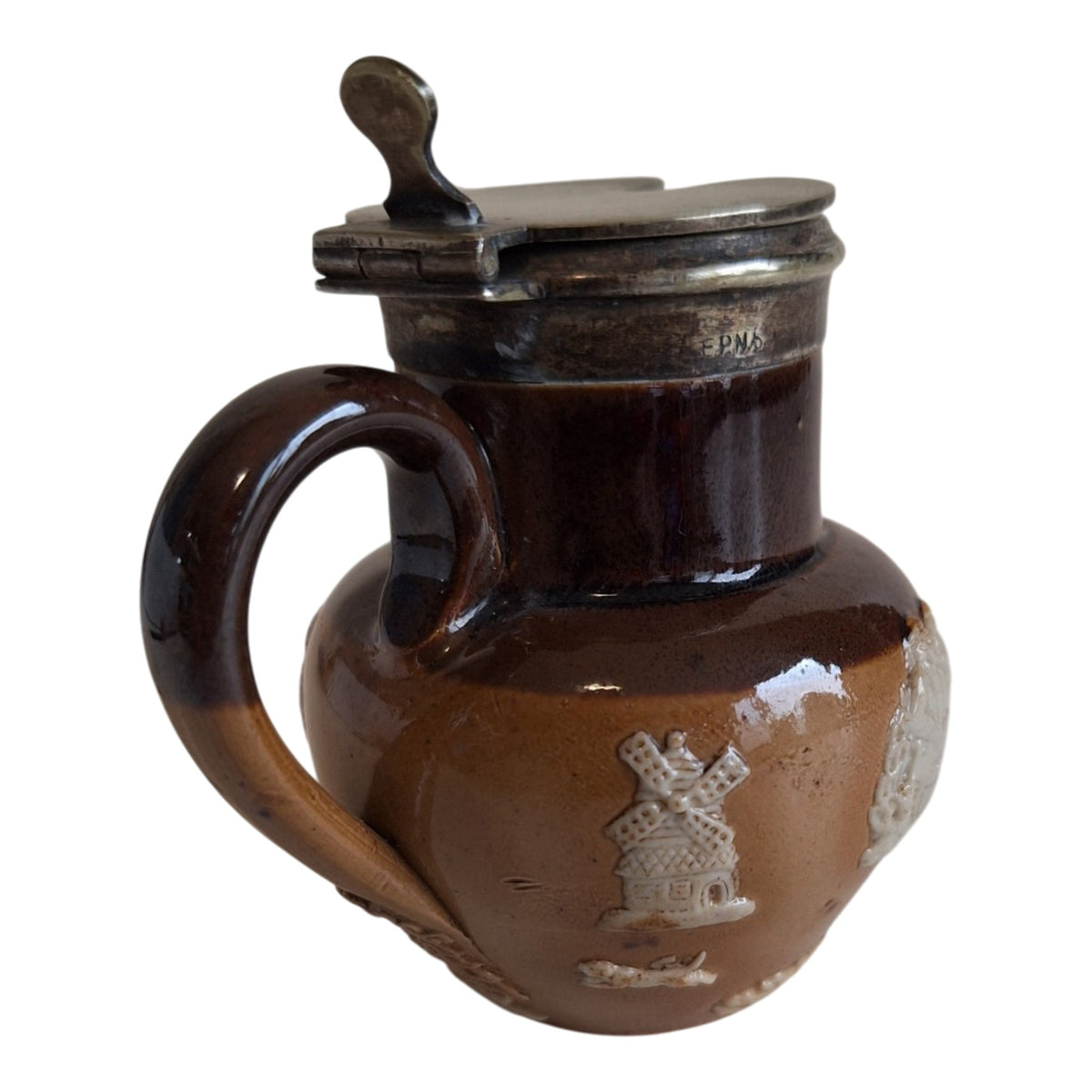 Doulton Lambeth mosterdpot - Steengoed met EPNS-deksel, ca. 1891-1910