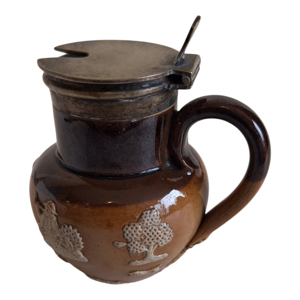 Doulton Lambeth mosterdpot - Steengoed met EPNS-deksel, ca. 1891-1910