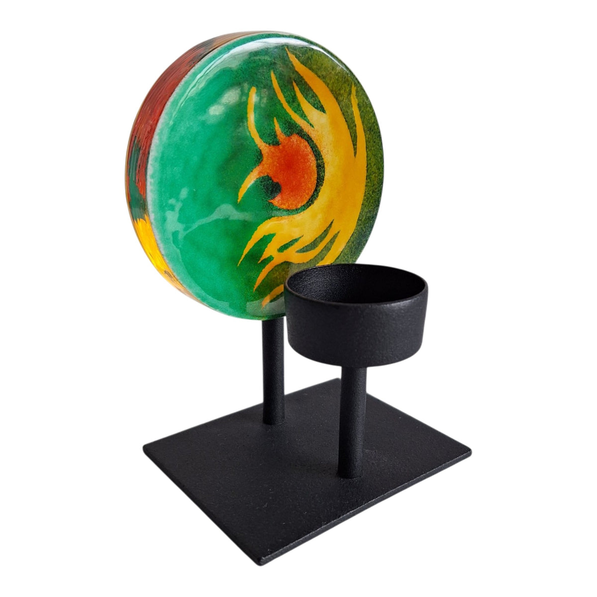 Steninge Slott kunstglazen waxinelichthouder - groen en oranje - 2006