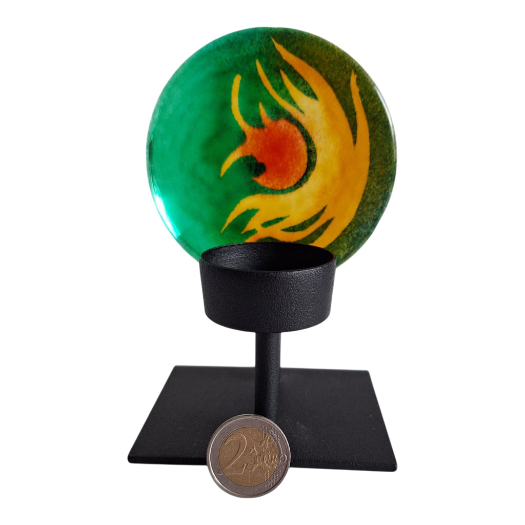 Steninge Slott kunstglazen waxinelichthouder - groen en oranje - 2006