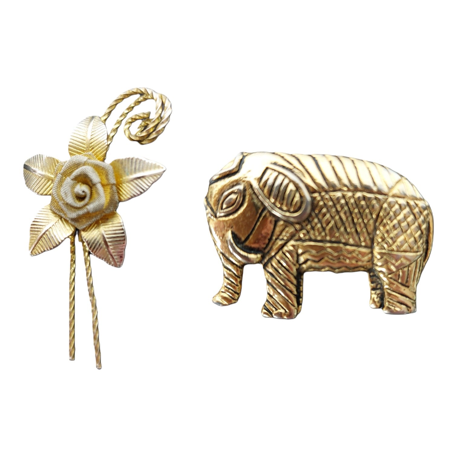 Set aus zwei goldfarbenen Broschen – Elefant & Blume, 80er Jahre