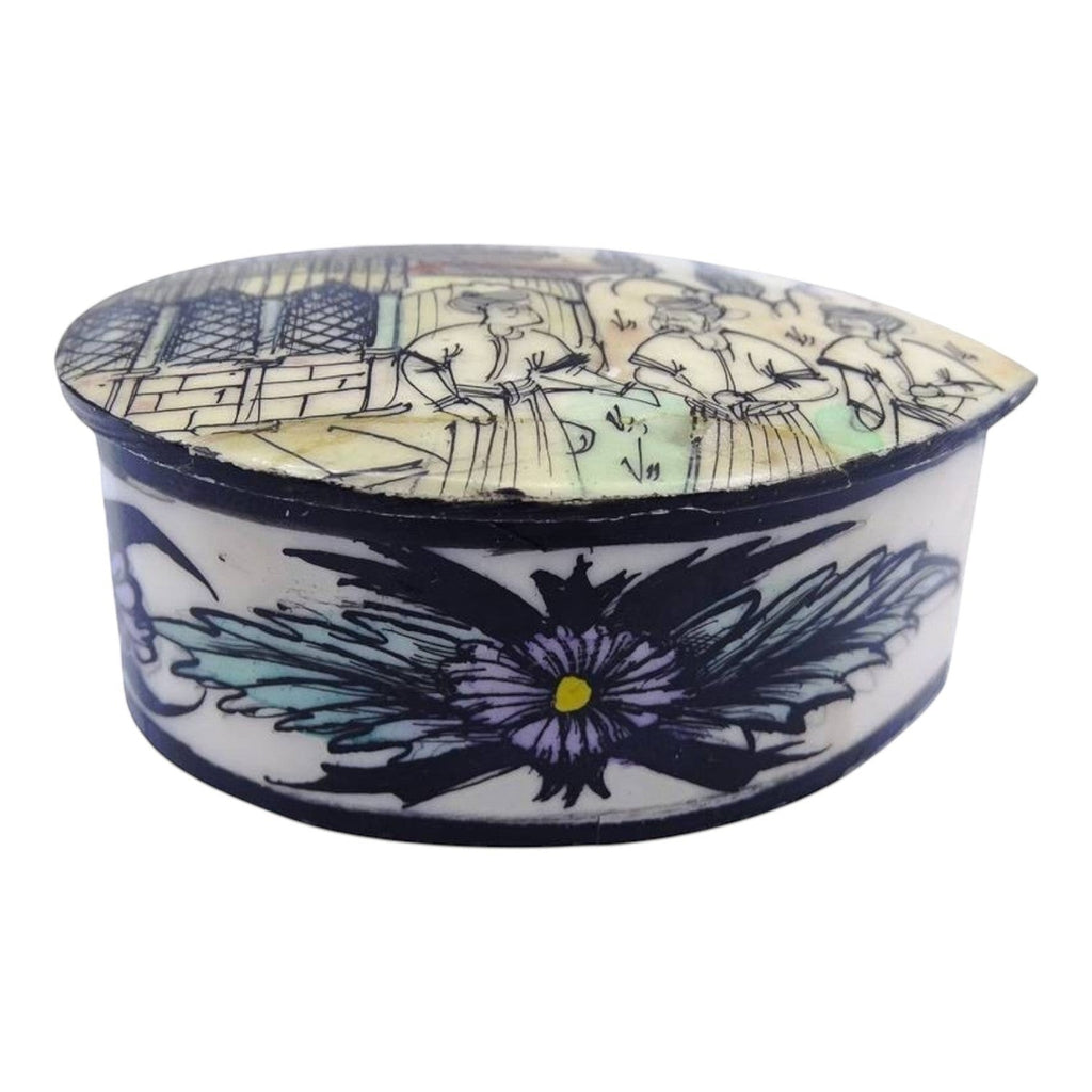 2nd Hand Bargain hand-painted bone pill box with figures and building scene, floral design. Collectible.