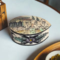 2nd Hand Bargain hand-painted bone pill box with figures and building, floral detail. Vintage collectible.