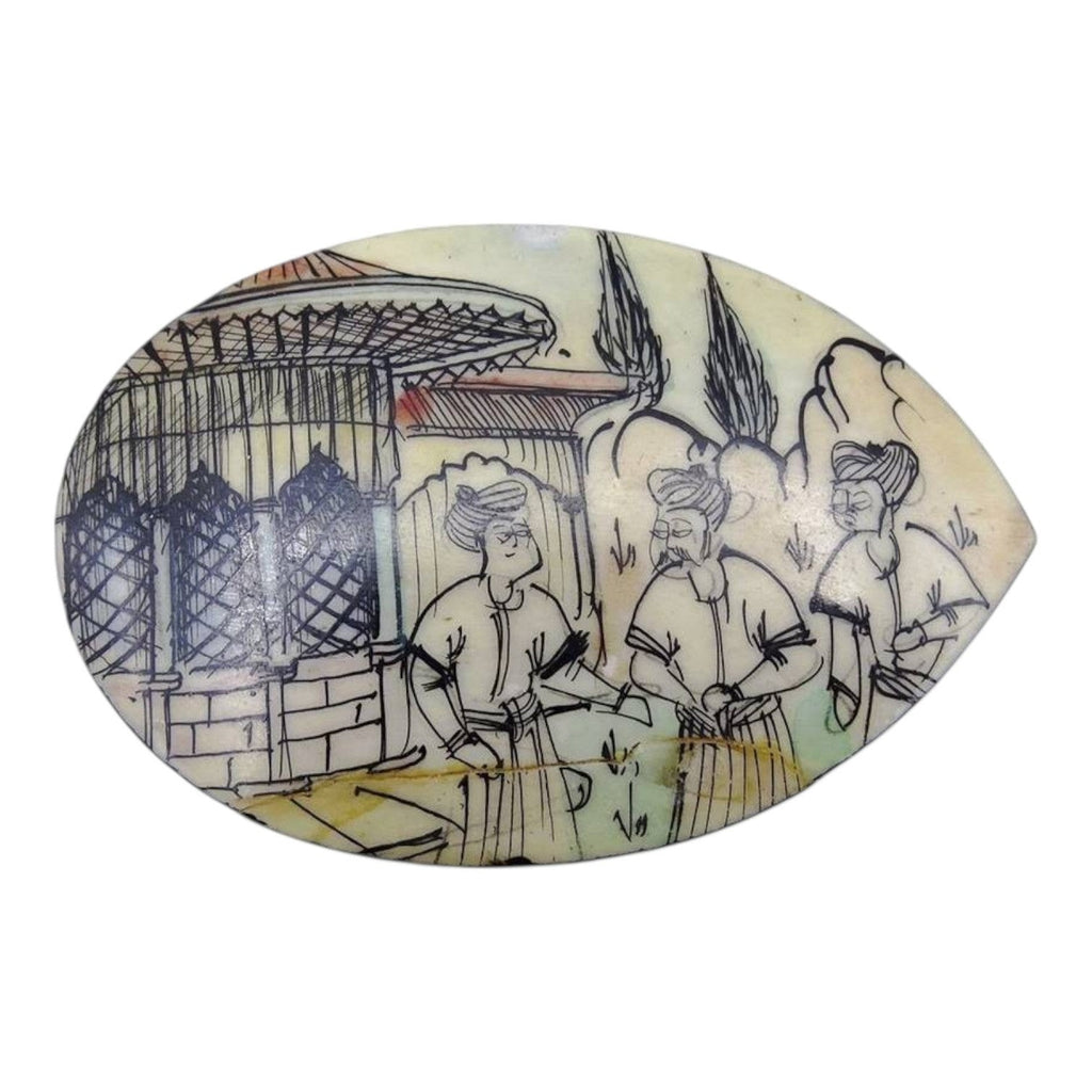 2nd Hand Bargain hand-painted bone pillbox with figures and building, oval shape, 2.5cm high, 5.5cm diameter.