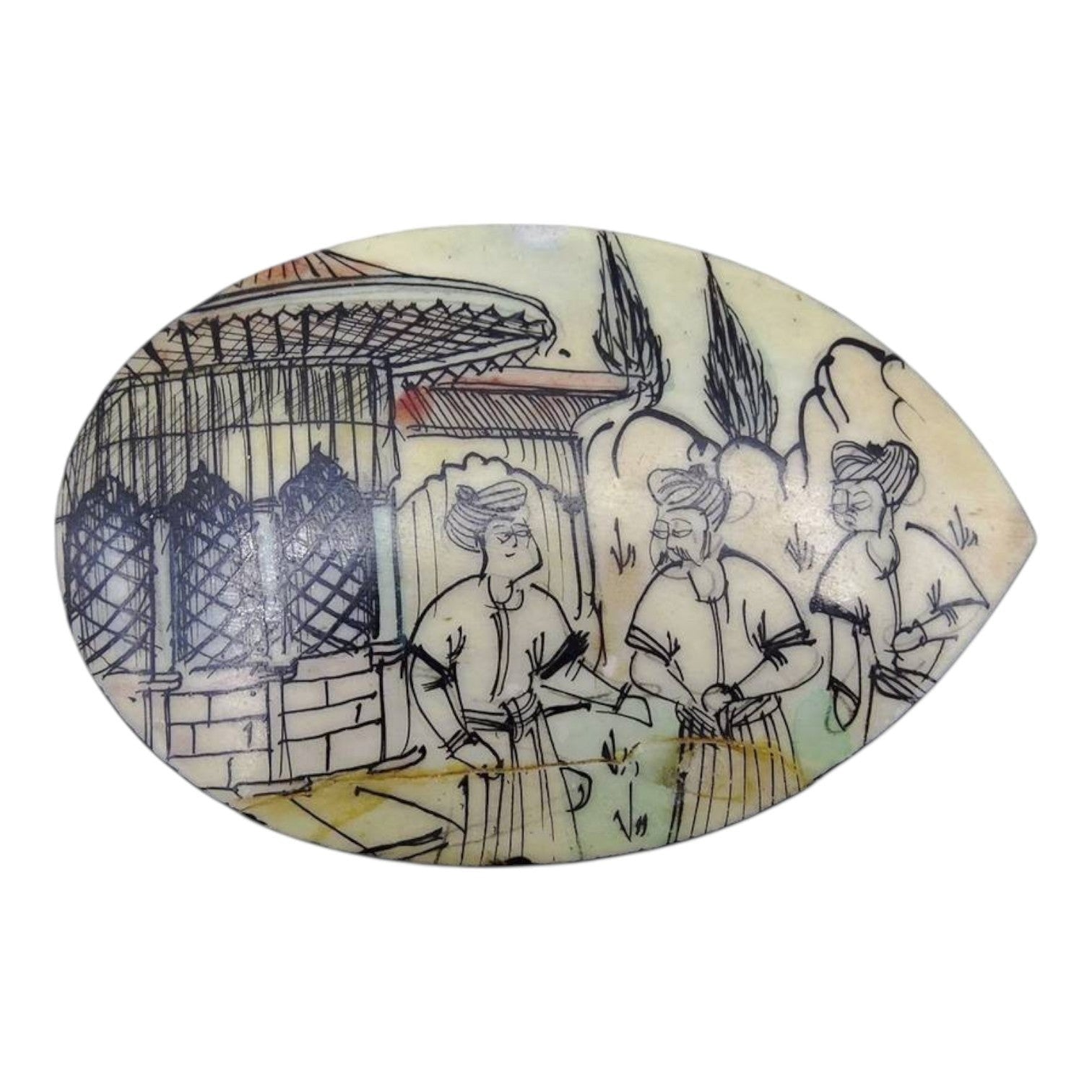 2nd Hand Bargain hand-painted bone pillbox with figures and building, oval shape, 2.5cm high, 5.5cm diameter.
