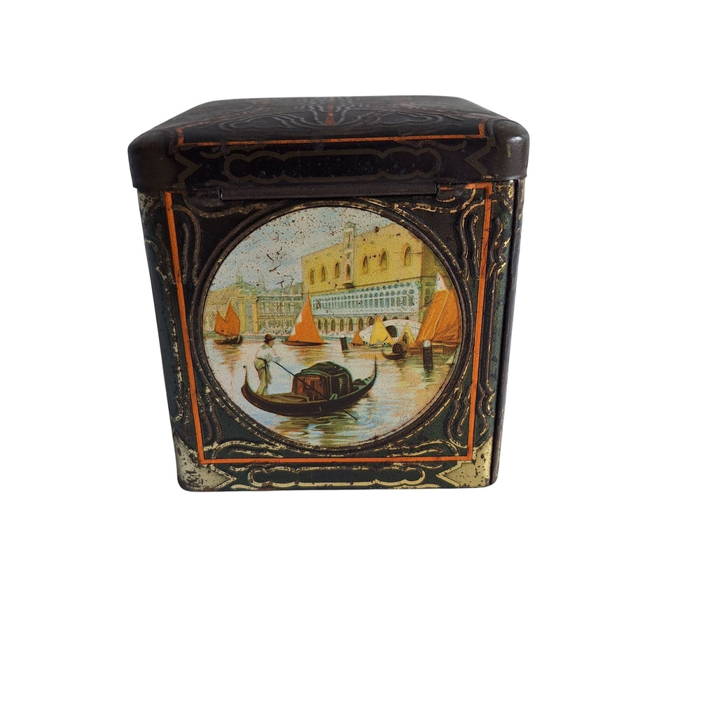2nd Hand Bargain Van Houten antique square cocoa tin with Venetian scene, gondola, and Rialto Bridge. Black with gold and orange.