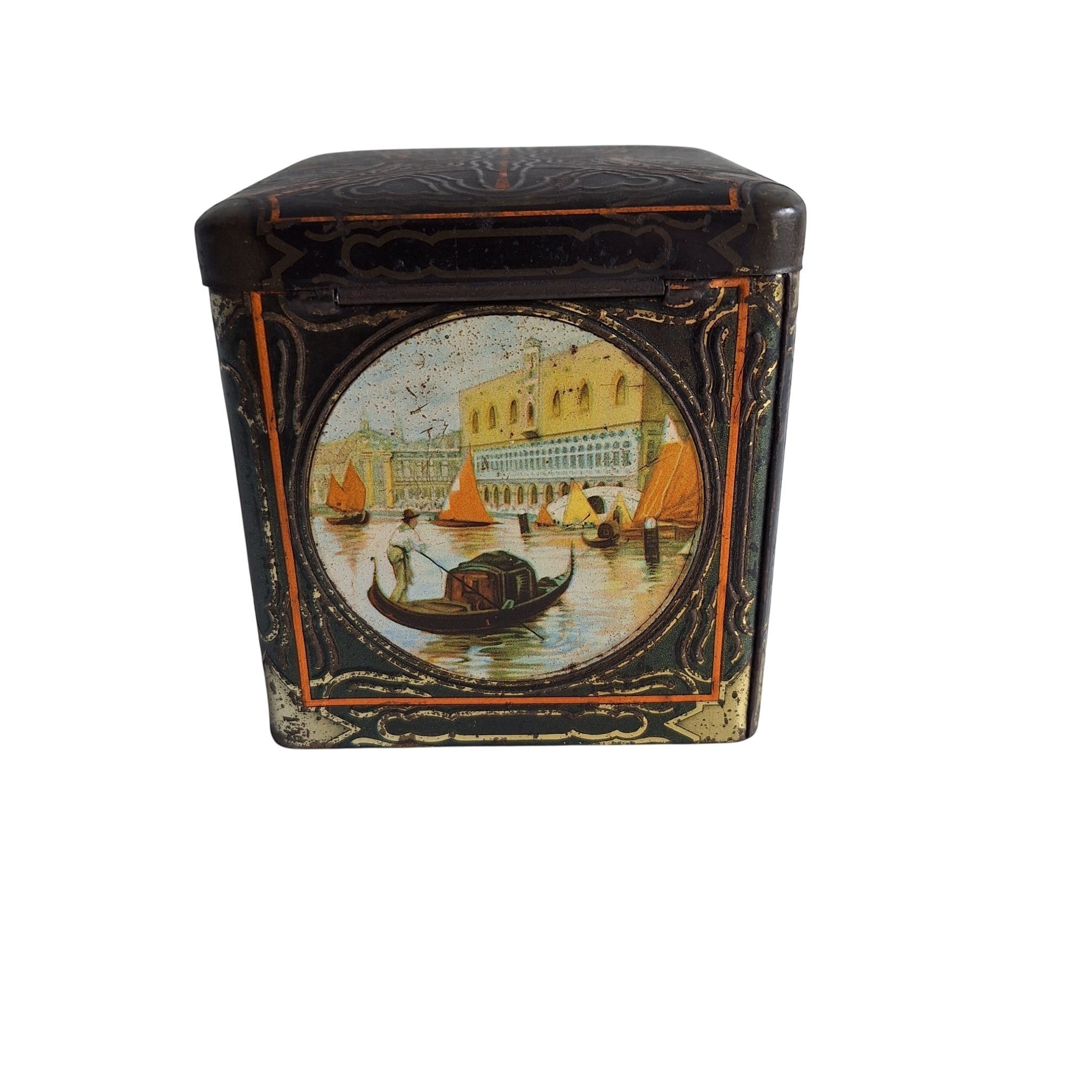 2nd Hand Bargain Van Houten antique square cocoa tin with Venetian scene, gondola, and Rialto Bridge. Black with gold and orange.