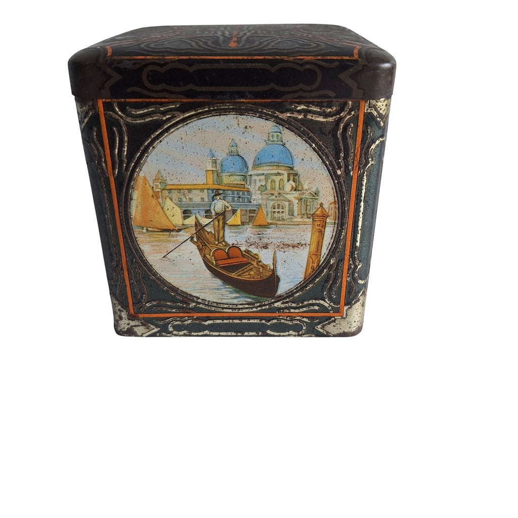 2nd Hand Bargain antique Van Houten cocoa tin with Venetian scene, gondola, and Rialtobrug. Black, gold, orange.