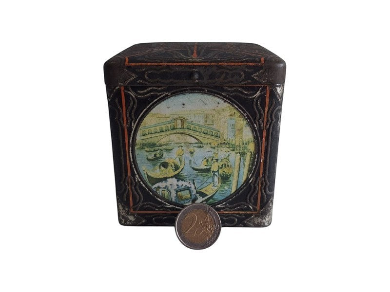 2nd Hand Bargain antique square Van Houten cocoa tin with hinged lid, decorated with Venetian scenes, gondolas, and Rialto Bridge. Black with gold and orange details.