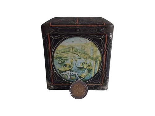 2nd Hand Bargain antique square Van Houten cocoa tin with hinged lid, decorated with Venetian scenes, gondolas, and Rialto Bridge. Black with gold and orange details.