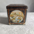 2nd Hand Bargain antique Van Houten cocoa tin with Venetian scene, gondolas, Rialto Bridge, black, gold, orange, hinged lid.