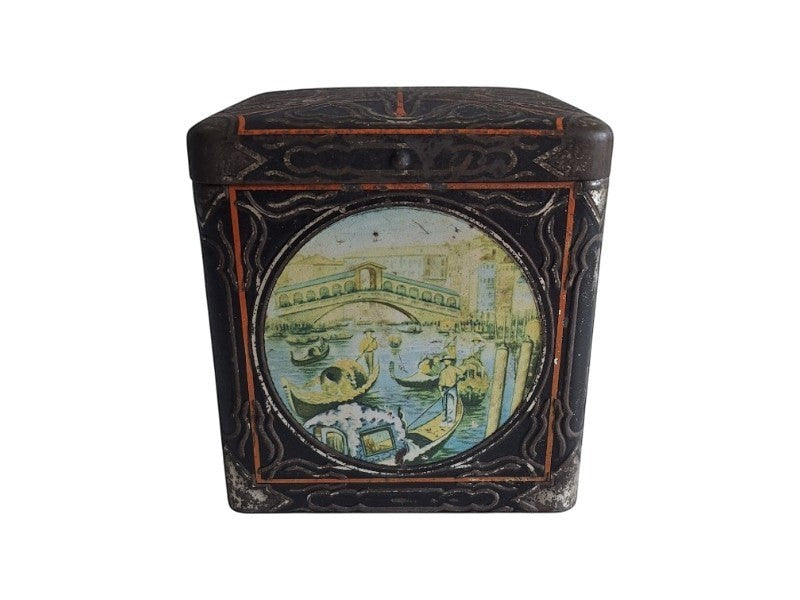 Antique Van Houten cocoa tin with hinged lid, black with gold/orange trim, featuring Venetian scenes.