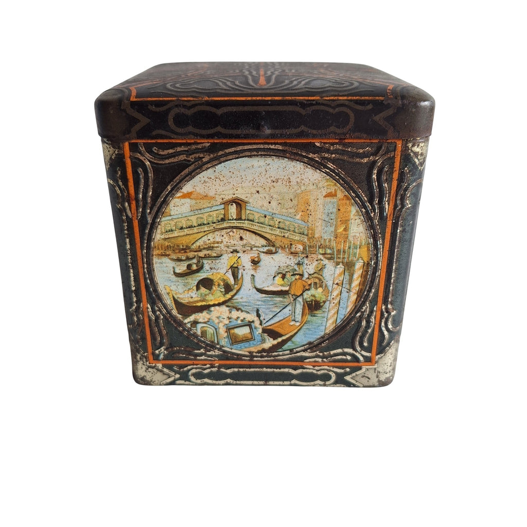2nd Hand Bargain antique Van Houten cocoa tin with Venetian scene, gondolas, Rialto Bridge, black, gold, orange.