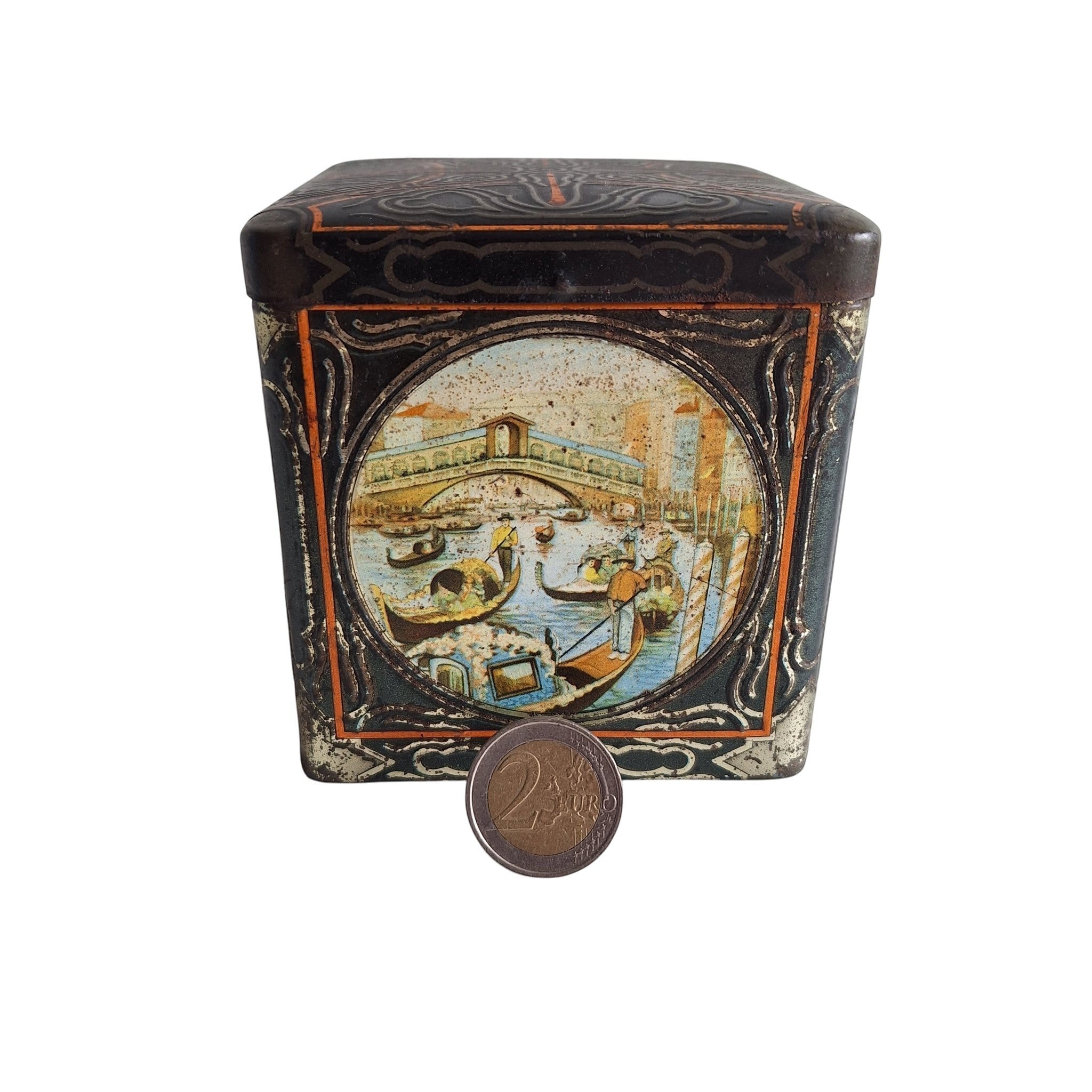 2nd Hand Bargain antique Van Houten cocoa tin with Venetian scene, gondolas, Rialto Bridge, black, gold, orange, hinged lid.