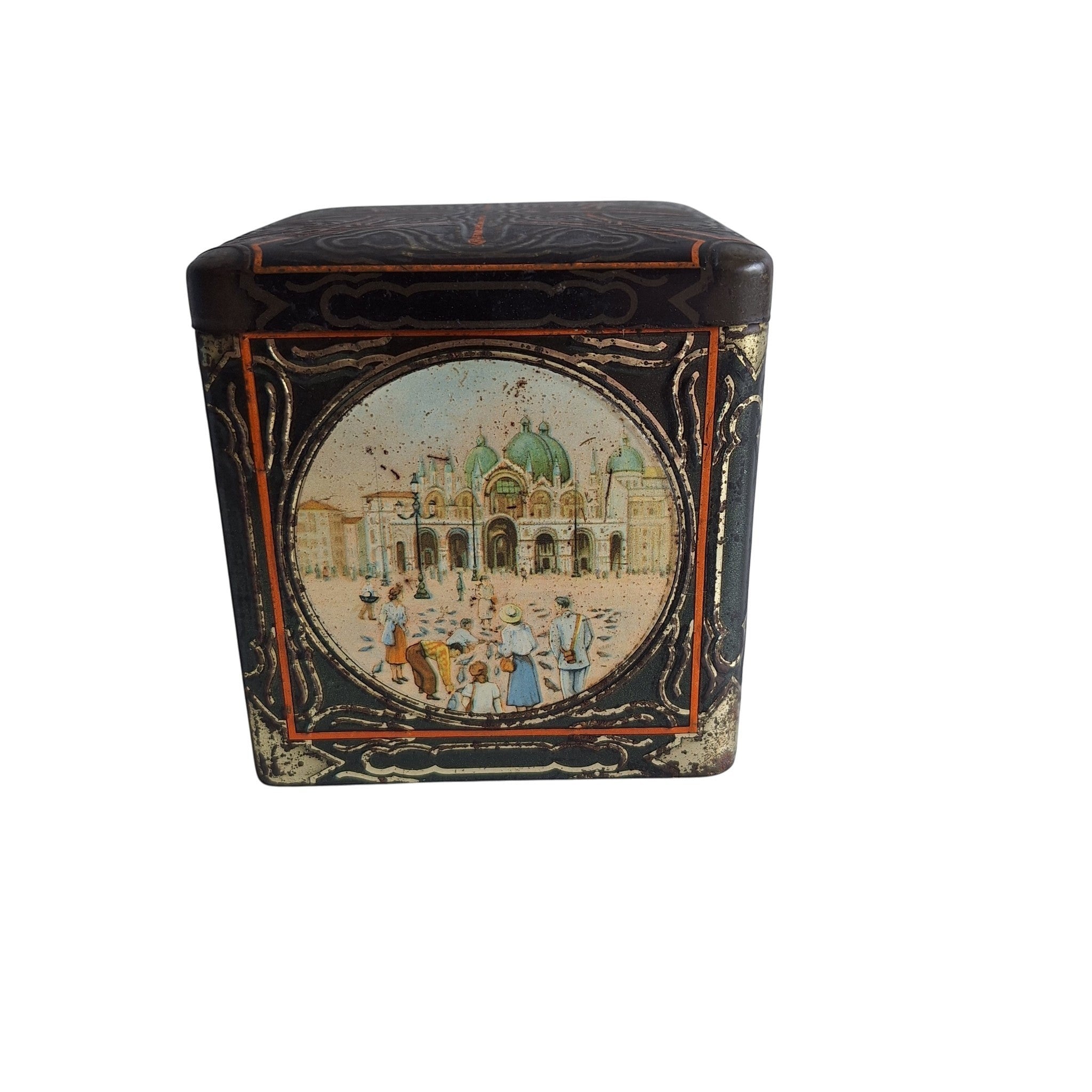 2nd Hand Bargain Van Houten antique square cocoa tin with Venetian scene, gondolas, Rialto Bridge, black, gold, orange, hinged lid.