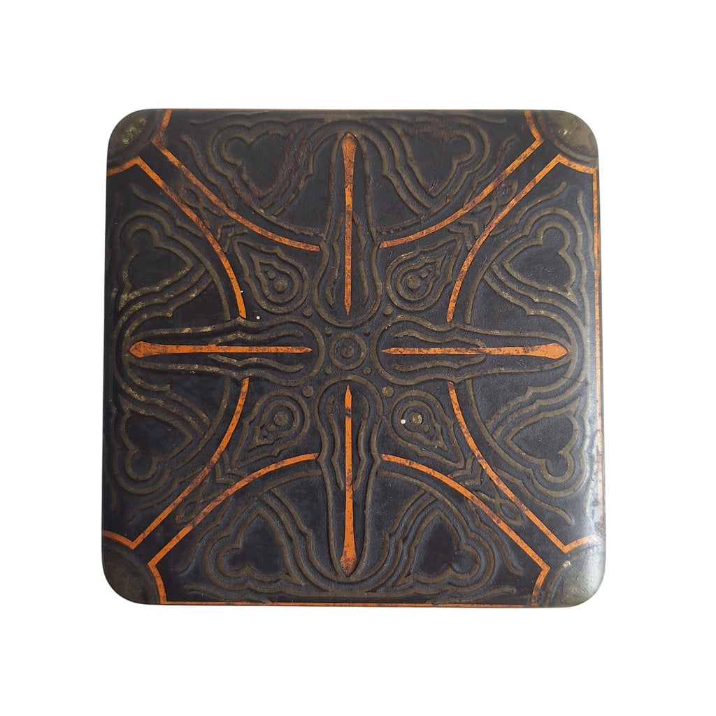 2nd Hand Bargain antique square Van Houten cocoa tin, black with orange and gold ornate pattern, hinged lid.
