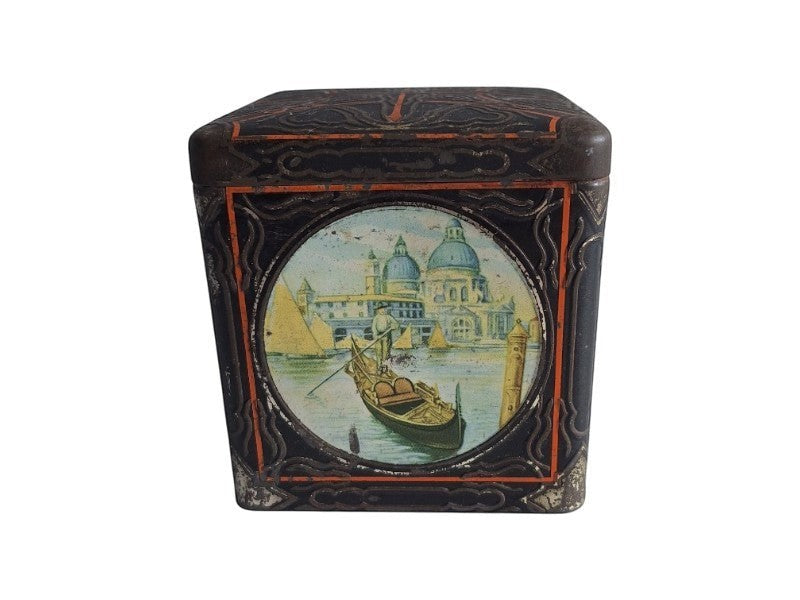 2nd Hand Bargain antique square Van Houten cocoa tin with hinged lid, decorated with Venetian scenes, gondolas, and Rialto Bridge. Black with gold and orange details.