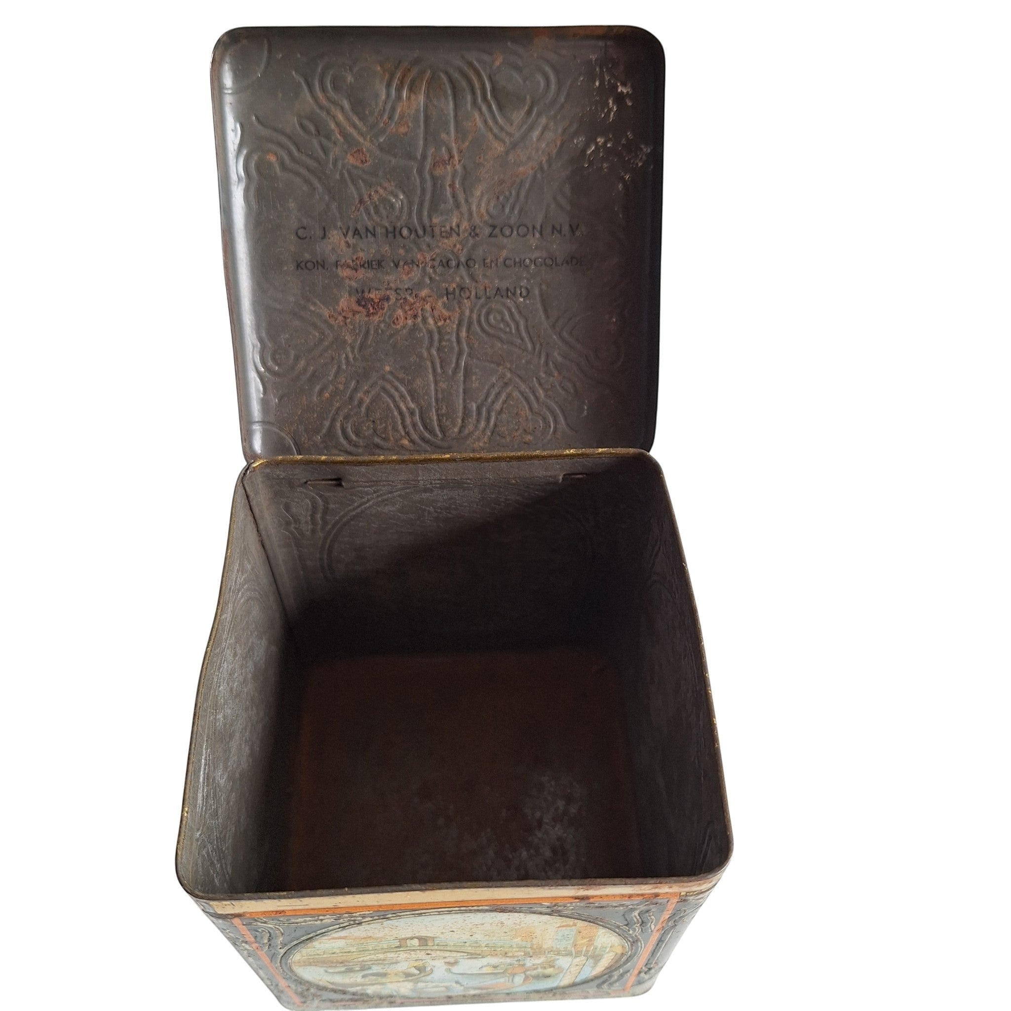 2nd Hand Bargain antique square Van Houten cocoa tin with Venetian scenes, gondolas, Rialto Bridge, black, gold, orange, hinged lid.