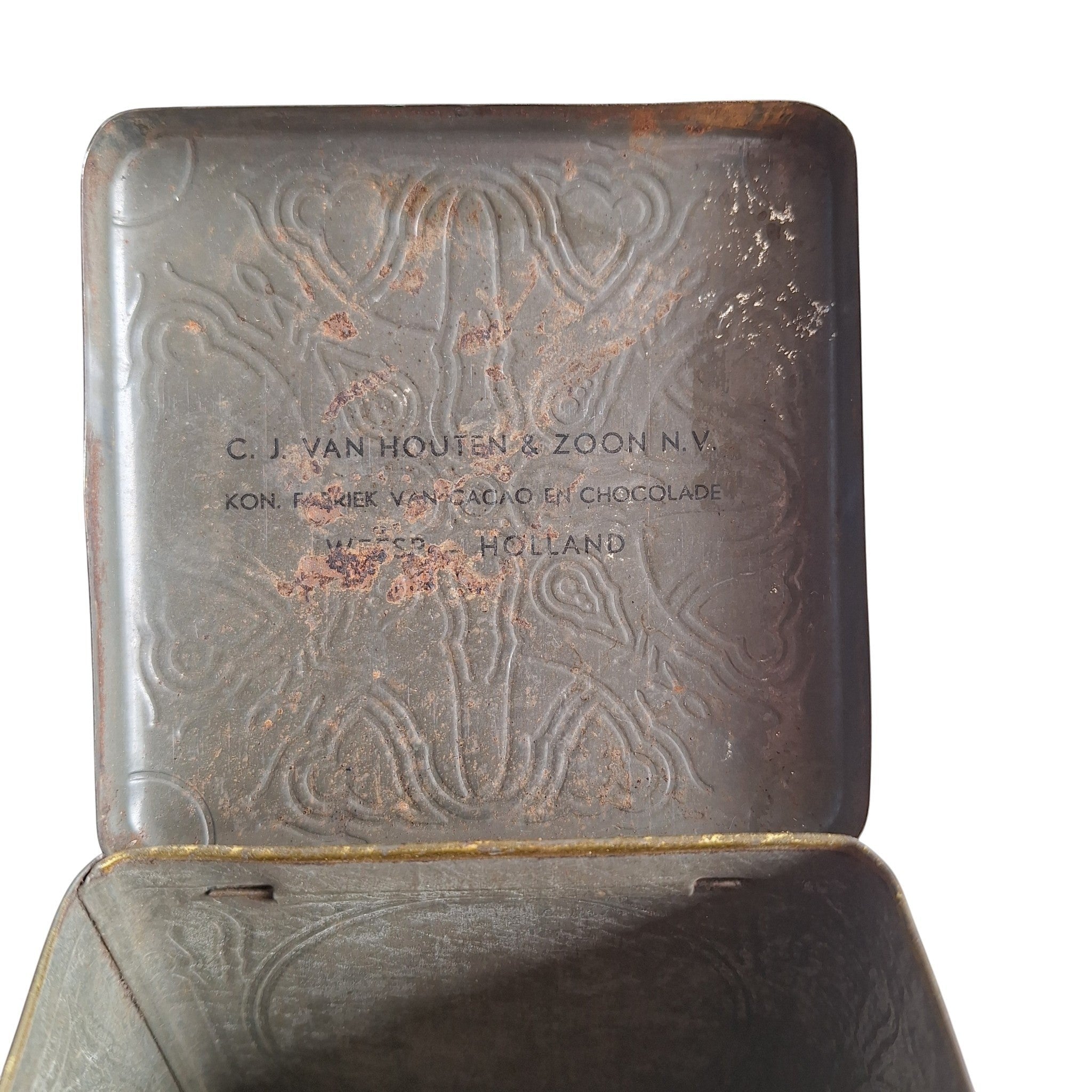 2nd Hand Bargain antique square Van Houten cocoa tin, black with gold and orange details, hinged lid, 1920-1940.