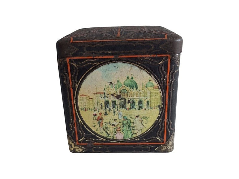 2nd Hand Bargain antique square Van Houten cocoa tin with hinged lid, black with gold/orange details, 1920-1940.