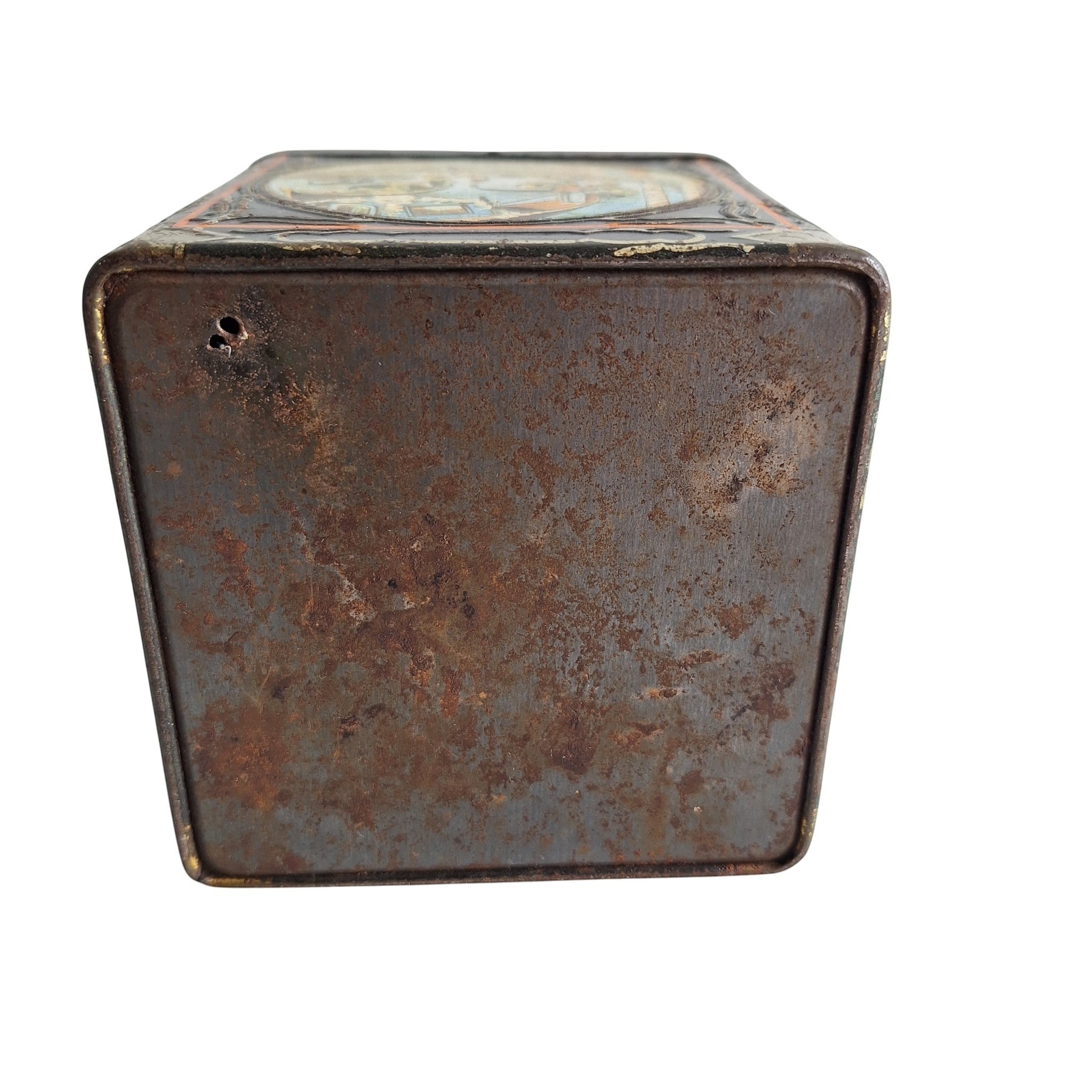 2nd Hand Bargain antique square Van Houten cocoa tin with Venetian scenes, black, gold, orange, hinged lid.