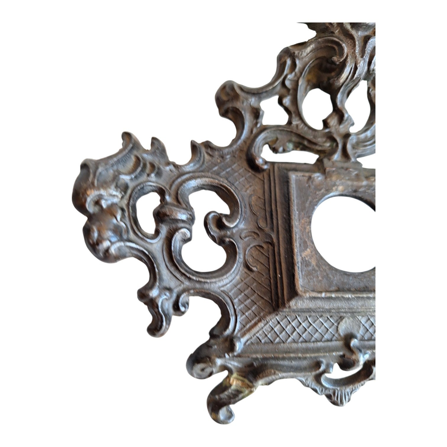 2nd Hand Bargain antique ornate metal cherub clock frame with dark aged finish and scrollwork.