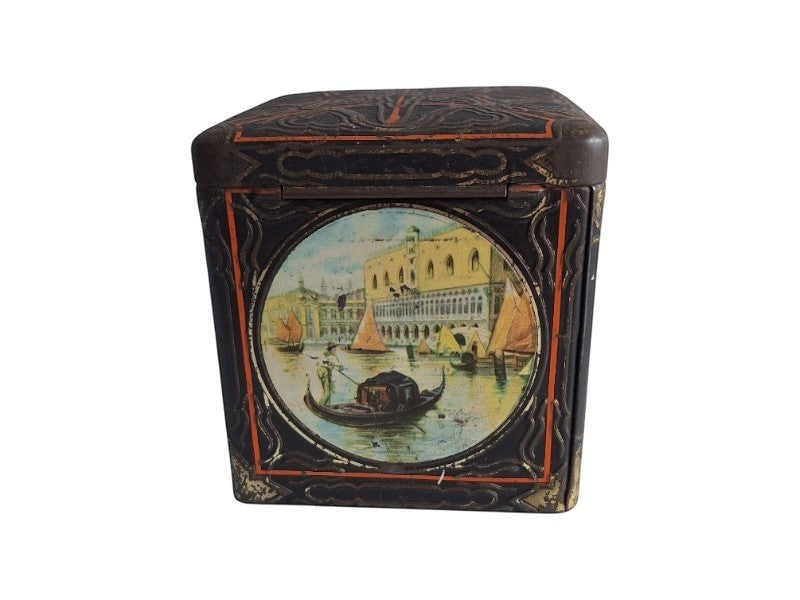 2nd Hand Bargain antique Van Houten cocoa tin, square, black with gold/orange details, Venetian scene with gondolas, hinged lid.