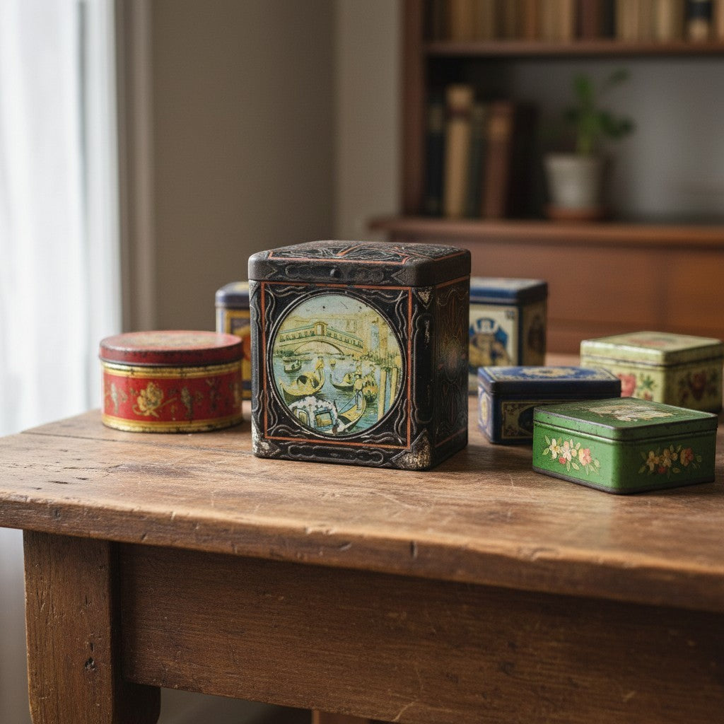 Antique Van Houten cocoa tin with Venetian scene, gondolas, Rialto Bridge, black with gold/orange details, hinged lid.