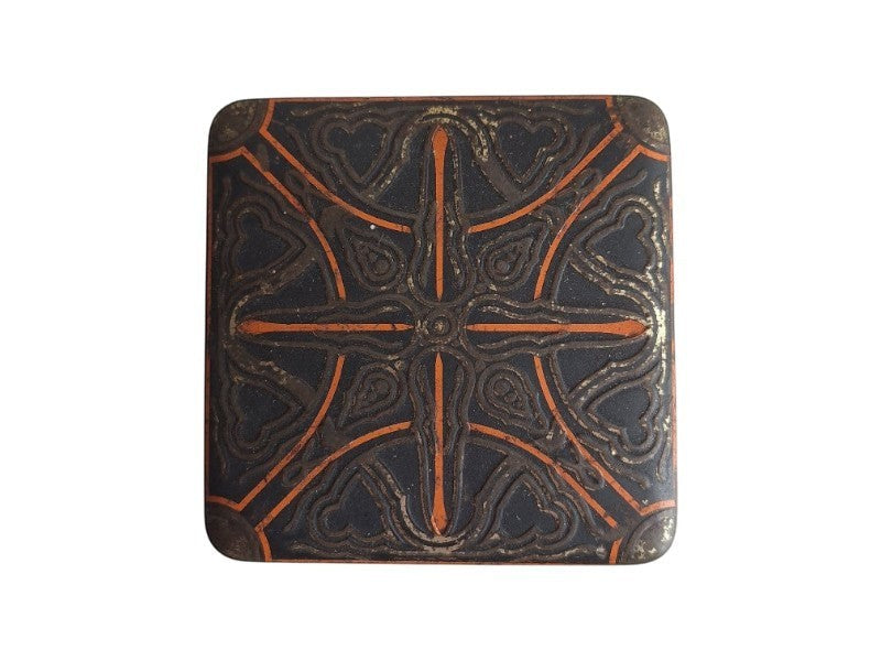 Antique square Van Houten cocoa tin with black, gold, and orange Venetian scene decoration. Hinged lid.