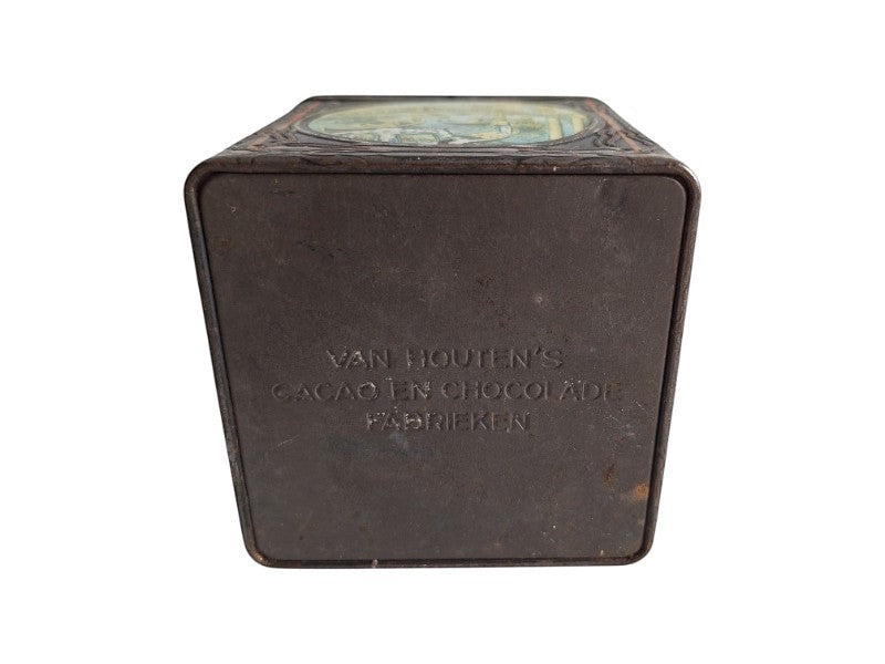 2nd Hand Bargain antique square Van Houten cocoa tin, black with gold/orange details, hinged lid, Venetian scenes.