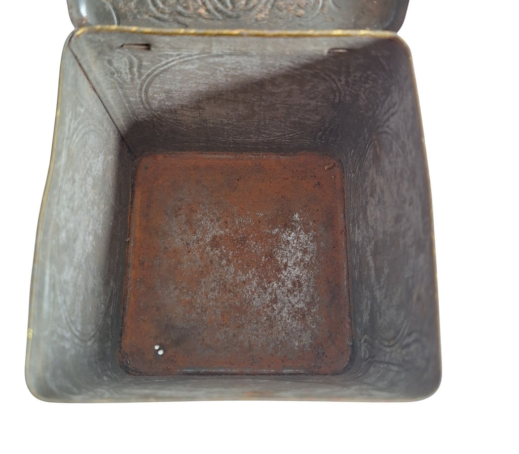 2nd Hand Bargain antique square Van Houten cocoa tin, black with gold/orange Venetian scenes, hinged lid.