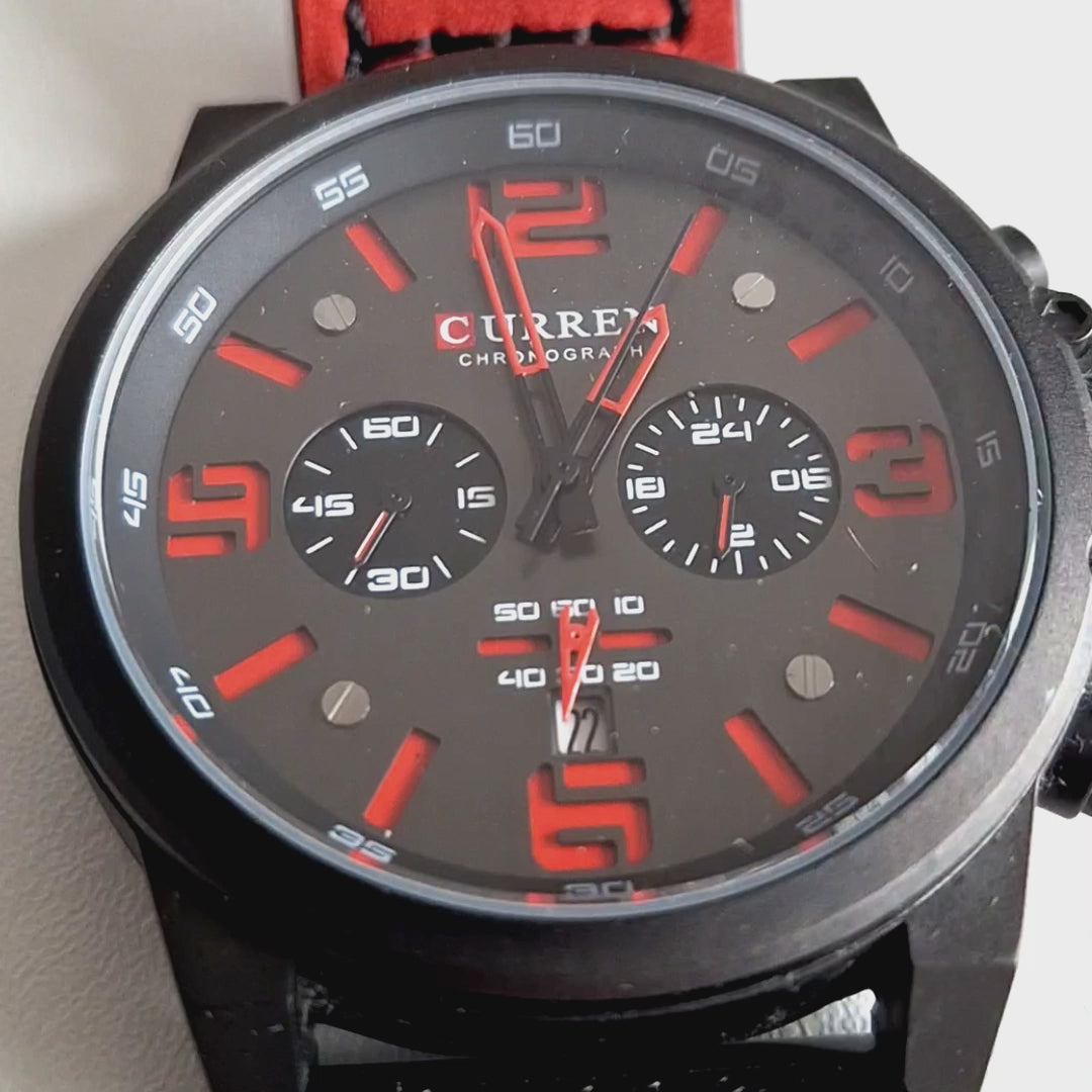 Curren 8314 herenhorloge - zwart met rode accenten en rood leren band, 47mm