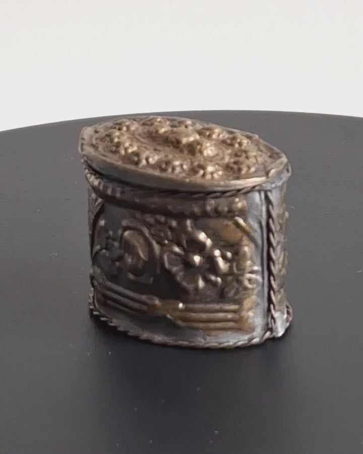 Silver Plated Pill Box with Embossed Floral Motif – Repoussé Technique, Antique Patina